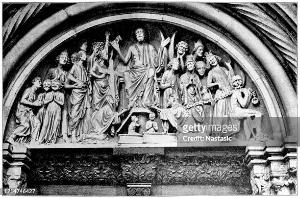 tympanum "the last judgment" at the prince's portal of st. stephen's cathedral in bamberg - pediment stock illustrations
