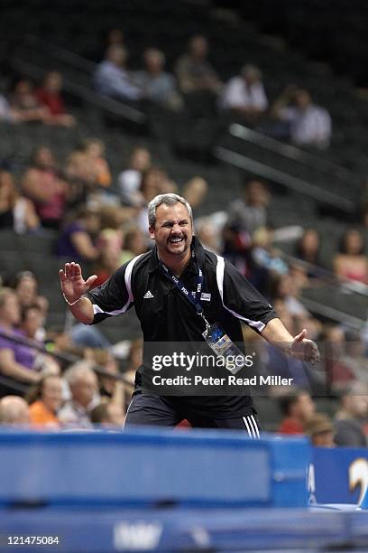 Visa Championships: Universal Gymnastics coach Yin Alvarez emoting during Senior Men's Competition - Day 1 routine of his step-son Danell Leyva at...