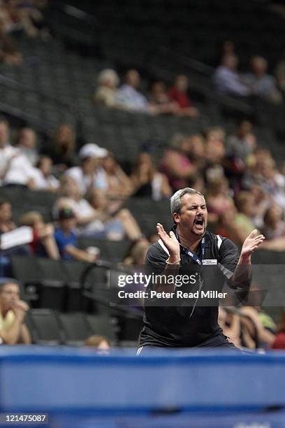 Visa Championships: Universal Gymnastics coach Yin Alvarez emoting during Senior Men's Competition - Day 1 routine of his step-son Danell Leyva at...