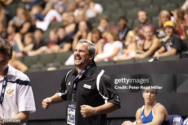 Visa Championships: Universal Gymnastics coach Yin Alvarez emoting during Senior Men's Competition - Day 1 routine of his step-son Danell Leyva at...