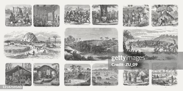 stockillustraties, clipart, cartoons en iconen met afrikaanse cultuur, houtgravures, gepubliceerd in 1893 - zimbabwe