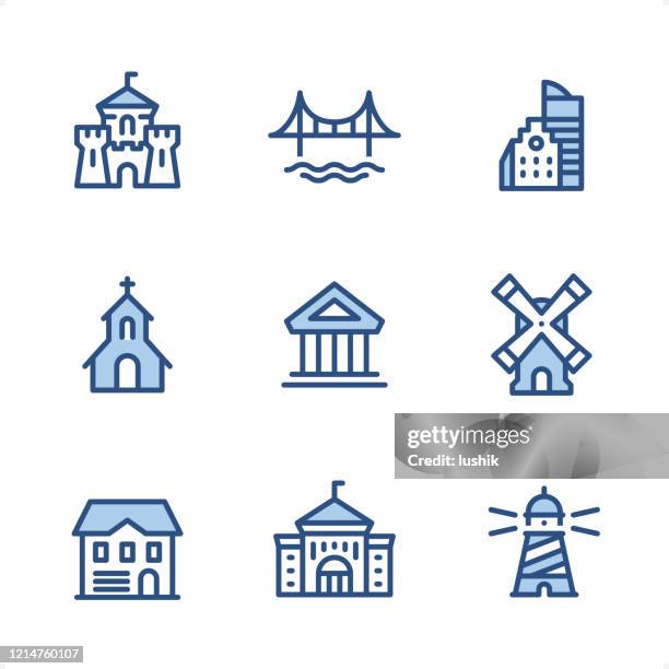 architecture - pixel perfect blue icons - cottage icon stock illustrations