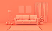 Interior room in plain monochrome pinkish orange color with furnitures and room accessories. Light background with copy space. 3D rendering