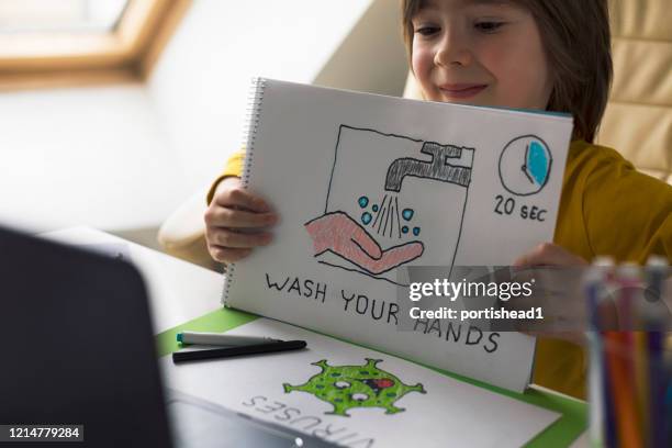 little boy drawing at home. hand sanitizer. e-learning. - disinfection school stock pictures, royalty-free photos & images