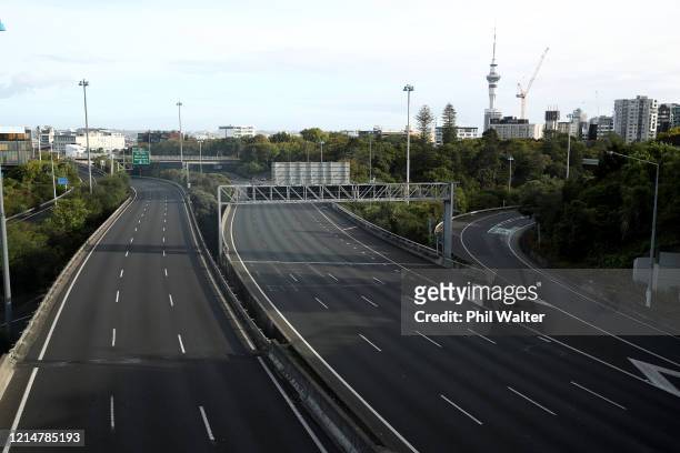 Auckland motorways are seen empty of traffic as the COVID-19 lockdown takes effect on March 26, 2020 in Auckland, New Zealand. New Zealand has gone...