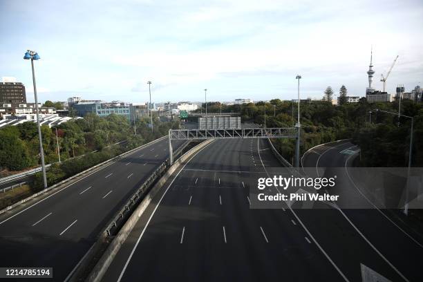 Auckland motorways are seen empty of traffic as the COVID-19 lockdown takes effect on March 26, 2020 in Auckland, New Zealand. New Zealand has gone...