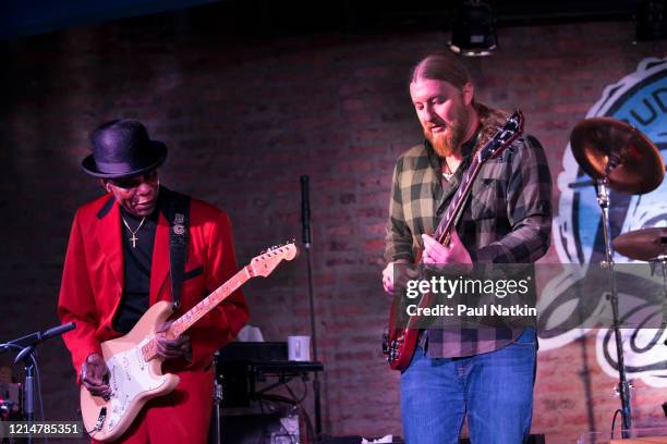 American Blues musicians Buddy Guy and Derek Trucks play guitars as the perform onstage at the former's nightclub, Buddy Guy's Legends, Chicago,...