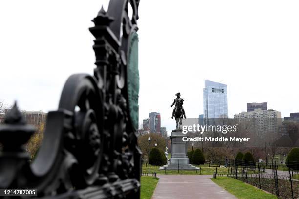 View of an unusually quiet Boston Public Garden on March 25, 2020 in Boston, Massachusetts. A “stay at home” order was put into effect by Governor...