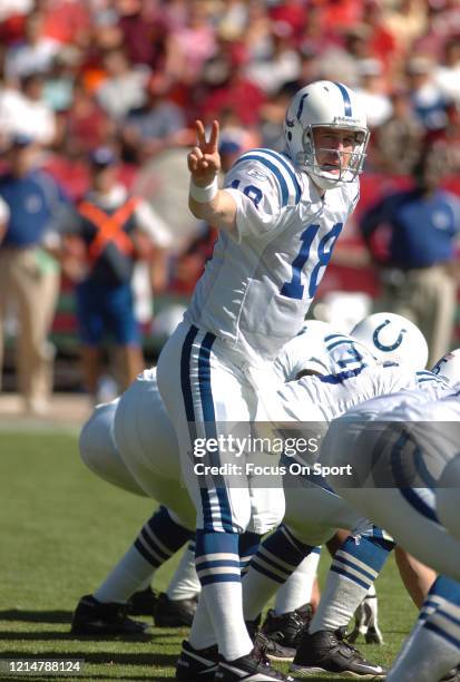 Peyton Manning of the Indianapolis Colts calls out offensive signals against the San Francisco 49ers during an NFL football game on October 9, 2005...