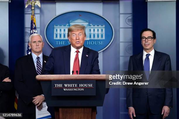 President Donald Trump, joined by members of the Coronavirus Task Force, Vice President Mike Pence and Secretary of the Treasury Steven Mnuchin,...