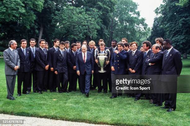 Frederic MITTERRAND, french president pose with the trophy and Marseille Champions team, Jean Pierre BERNES, sportif director, Roger PROPOS, physics...