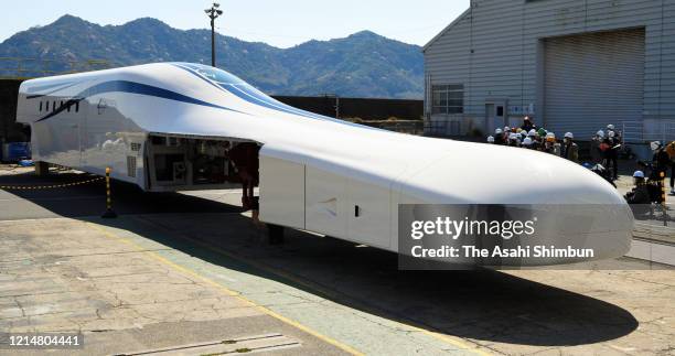 New test maglev train is unveiled during the press preview at Hitachi's Kasado Works on March 25, 2020 in Kudamatsu, Yamaguchi, Japan.