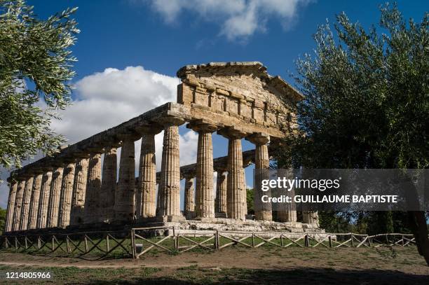 The temple of Athena is pictured on September 14, 2017 at the Paestum and Velia archeological park which contains three of the most well-preserved...