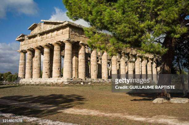 The second temple of Hera is pictured on Septembre 14, 2017 at the Paestum and Velia archeological park which contains three of the most...