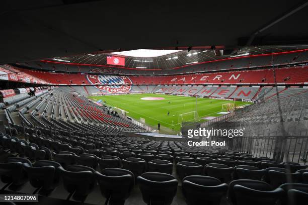 General view inside the stadium during the Bundesliga match between FC Bayern Muenchen and Eintracht Frankfurt at Allianz Arena on May 23, 2020 in...