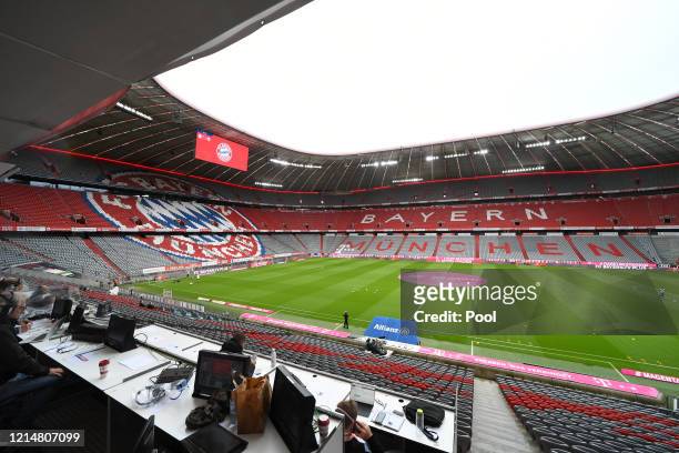 General view inside the stadium during the Bundesliga match between FC Bayern Muenchen and Eintracht Frankfurt at Allianz Arena on May 23, 2020 in...