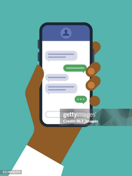 ilustrações de stock, clip art, desenhos animados e ícones de illustration of hand holding smart phone with text messaging screen - black people