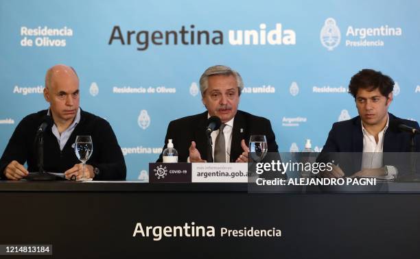 Argentine President Alberto Fernandez , flanked by the Head of Government of the Autonomous City of Buenos Aires, Horacio Rodriguez Larreta , and...