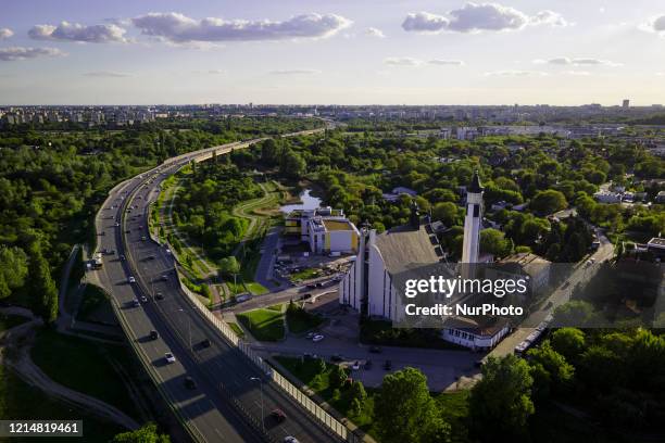 The Roman Catholic Church of the Blessed Virgin Mary is seen along the Joseph Beck highway in Warsaw, Poland on May 21, 2020.