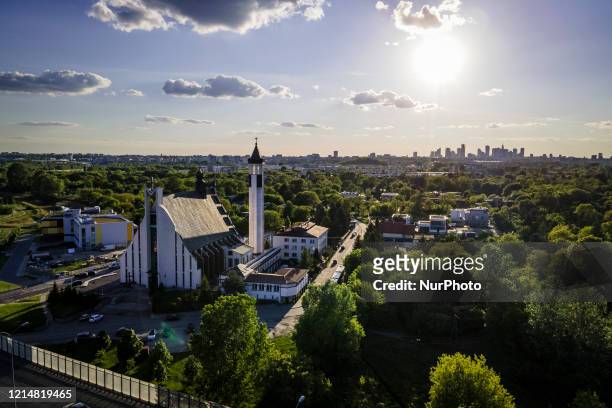 The Roman Catholic Church of the Blessed Virgin Mary is seen along the Joseph Beck highway in Warsaw, Poland on May 21, 2020.