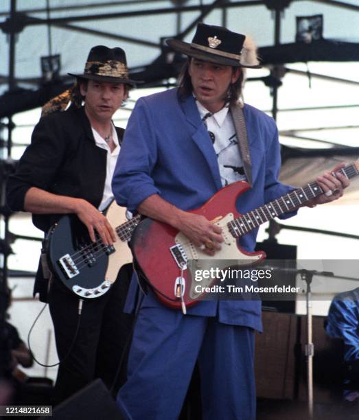 Stevie Ray Vaughan performs at Laguna Seca raceway on September 29, 1987 in Monterey, California.
