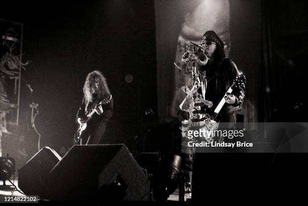 Al Jourgensen and Mike Scaccia perform in Ministry at the Universal Amphitheatre in Los Angeles on December 27, 1992 in Los Angeles.