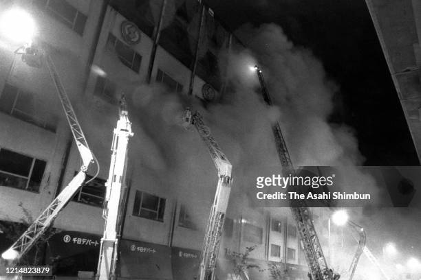 Fire fighters battle at Sennichi Department Store fire on May 13, 1972 in Osaka, Japan. 118 People were killed by the fire.