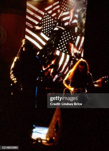 Al Jourgensen and Louis Svitek perform in Ministry at the Universal Amphitheatre in Los Angeles on December 27, 1992 in Los Angeles.