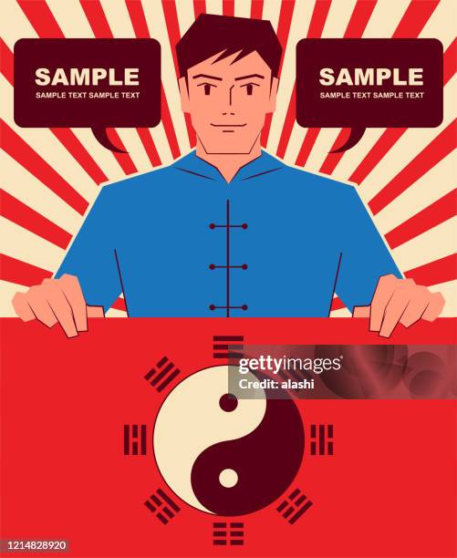 handsome businessman wearing blue tang suit holds red paper (blank sign) which shows yin yang symbol of book of changes of fortune (i ching) - feng shui stock illustrations