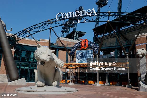 General view of Comerica Park where the Detroit Tigers were scheduled to open the season on March 30th against the Kansas City Royals on March 25,...