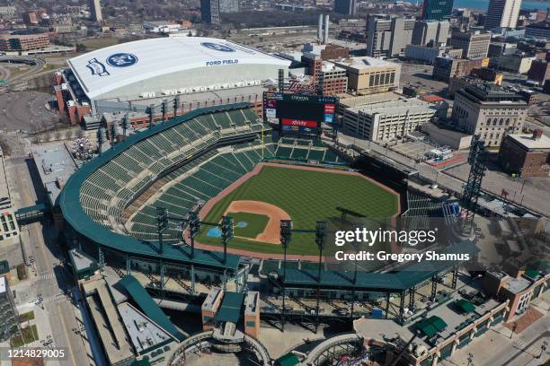 An aerial view from a drone shows Comerica Park where the Detroit Tigers were scheduled to open the season on March 30th against the Kansas City...