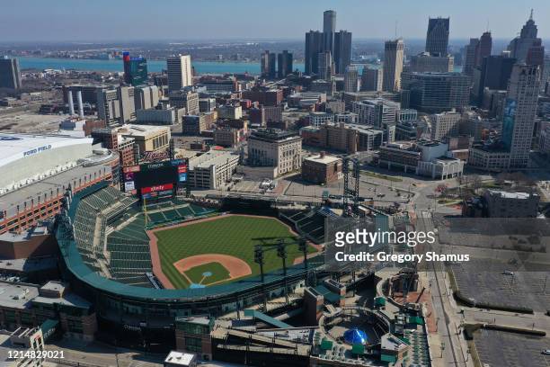 An aerial view from a drone shows Comerica Park where the Detroit Tigers were scheduled to open the season on March 30th against the Kansas City...