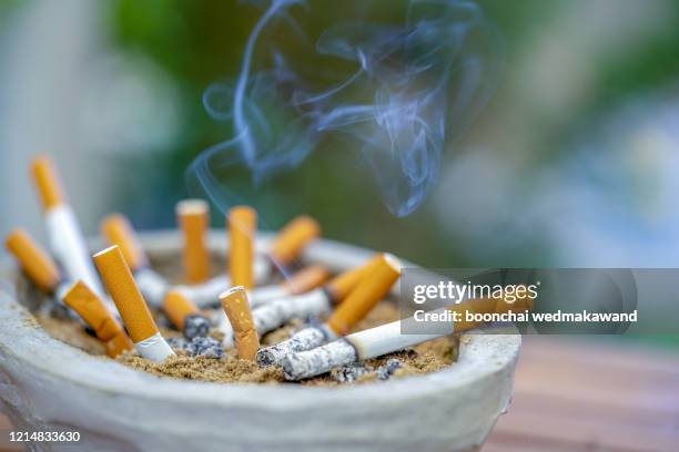 cigarette in ashtray with smoke - ashtray stock pictures, royalty-free photos & images