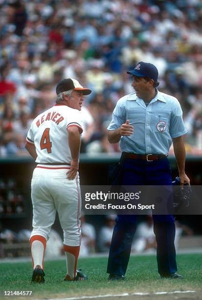 Manager Earl Weaver of the Baltimore Orioles argues with the umpire during an MLB baseball game circa 1980 at Memorial Stadium in Baltimore,...