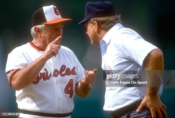 Manager Earl Weaver of the Baltimore Orioles argues with the umpire during an MLB baseball game circa 1986 at Memorial Stadium in Baltimore,...