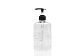 hand sanitizer alcohol gel in transparent plastic bottle pump isolated on white background for disinfection, prevent spreading of germs during infections of COVID-19 Coronavirus outbreak situation