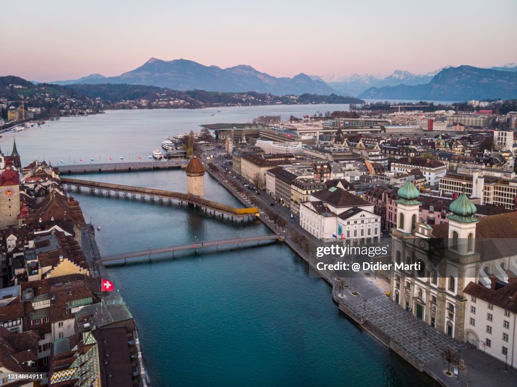 Aerial view of Lucerne old town with the famous Chapel bridge and Mt Rigi in the background in Switzerland