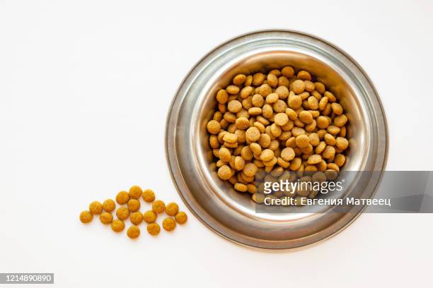 cats and dogs dry food in metal bowl on white background - tin can fotografías e imágenes de stock