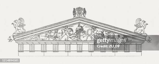 temple of aphaia, island of aigina, greece, woodcut, published 1893 - greek temple illustration stock illustrations