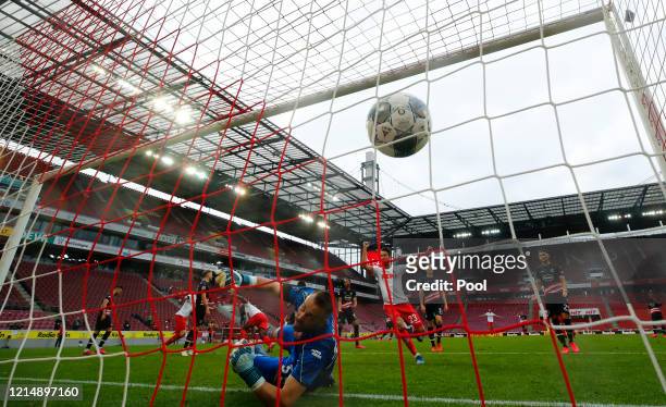 Cologne's Jhon Cordoba scores their second goal during the Bundesliga match between 1. FC Koeln and Fortuna Duesseldorf at RheinEnergieStadion on May...