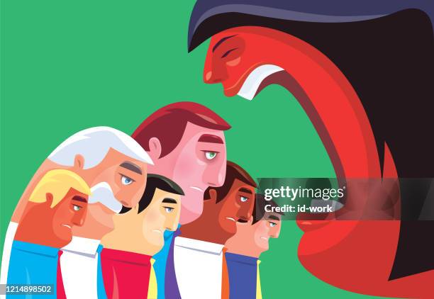 stockillustraties, clipart, cartoons en iconen met vrouw die droevige zakenlieden beschuldigt - collega