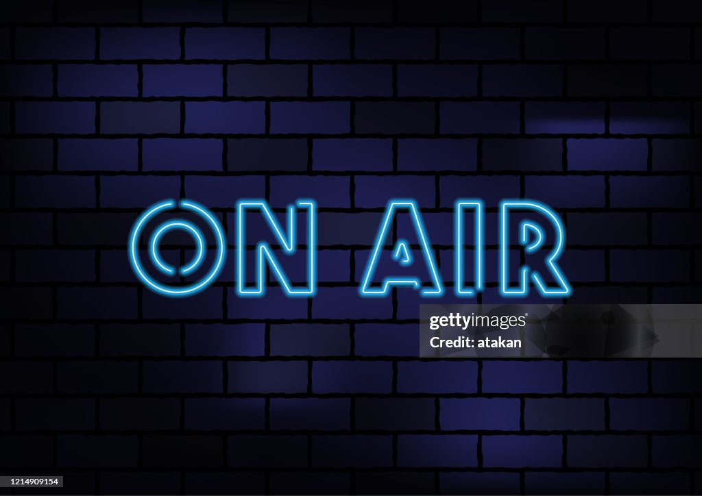 On Air Word Blue Neon Light On Dark Brick Wall