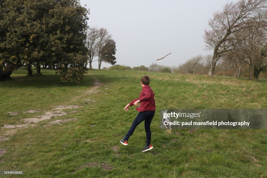Boy throwing a stick for a dog