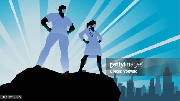 stockillustraties, clipart, cartoons en iconen met vector superhero doctor healthcare werknemers silhouette stock illustratie - beschermende werkkleding