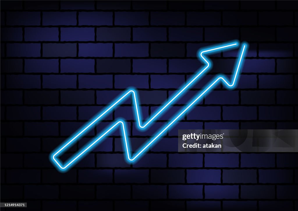 Grow. Sign Color Growth Arrow Sign Blue Neon Light On Dark Brick Wall High-Res Vector ...