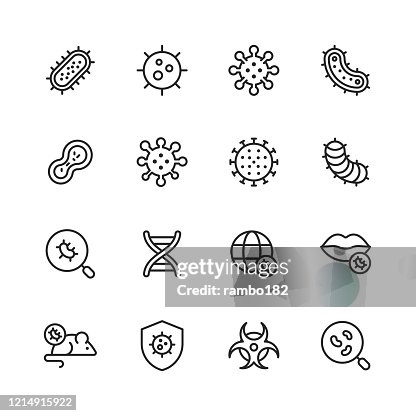 Virus and Bacteria Line Icons. Editable Stroke. Pixel Perfect. For Mobile and Web. Contains such icons as Bacterium, Infection, Disease, Virus, Cell, Flu, Research, Pandemia, Mouth. Virus and Bacteria Line Icons. Editable Stroke. Pixel Perfect. For Mobile and Web. Contains such icons as Bacterium, Infection, Disease, Virus, Cell, Flu, Research, Pandemia, Mouth.