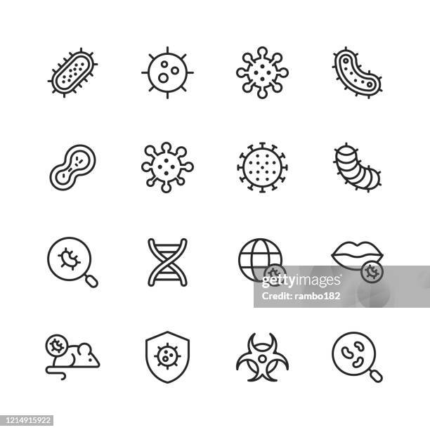 virus and bacteria line icons. editable stroke. pixel perfect. for mobile and web. contains such icons as bacterium, infection, disease, virus, cell, flu, research, pandemia, mouth. - disinfection stock illustrations