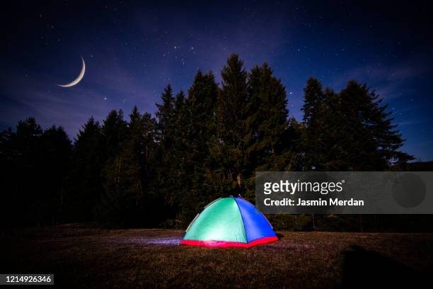 moon over tent in forest - zelt nacht stock-fotos und bilder