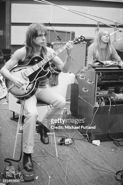 English progressive rock band Yes recording their 'Fragile' LP at Advision Studios in London, 20th August 1971. Pictured are guitarist Steve Howe and...