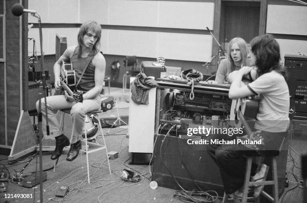 English progressive rock band Yes recording their 'Fragile' LP at Advision Studios in London, 20th August 1971. From left to right, guitarist Steve...